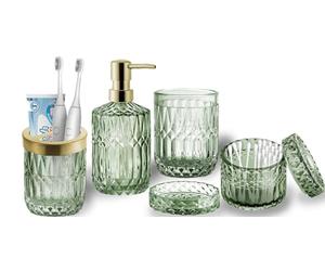 RUNQIN Set 6 Accessori Bagno in Vetro Trasparente (Dispenser Sapone, Portasapone, Portaspazzolino, Bicchiere, Portacotton fioc), Stile Contemporaneo, Regalo Vintage (5pz Verde)