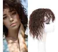 RUNRAYAY 10 Inch Curly Wavy Human Hair Topper for Women, Clip in Human Hairpieces with Bangs Fringe Hair Extensions Mid Part Hair Toupee, 33#