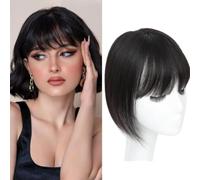 RUNRAYAY 10 Inch Hair Toppers for Women, Human Hair with Bangs Hand-Tied Thin Lace Base Light Weight Clip in Remy Hairpieces, 1B#