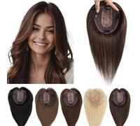 RUNRAYAY 10 Inch Hair Toppers for Women with Thinning Hair, Human Hair Toppers for Women No Bangs, Human Hair Toppers with 4 Clips, Swiss Lace Base Hand-Tied, 2#