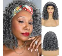 RUNRAYAY 14 Inch Silver Grey Human Hair Wavy Headband Wigs for Black Women, Curly, Glueless, Easy Wear with Headband Attached Synthetic Wrap Wigs for Women, A
