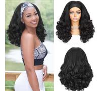 RUNRAYAY 16 Inch Headband Wig Human Hair Deep Wave Wigs for Black Women, Glueless Curly Wave None Lace Front Wig with Headband Attached, B