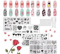 RUNRAYAY 6Pcs Heart Nail Stamping Plates Set with Nail Stamper & Scraper, Valentine's Day Theme Nail Art Stamping Plates Love Lips Plaid Stamp Templates Kit Nail Image Manicuring DIY Printing Tools