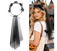 RUNRAYAY Black Flower Woodland Crown with Veil, Butterfly Handmade Fairy Headpiece Forest Elf Crown Floral Circlet for Women Party Halloween Cosplay Photo Shoot