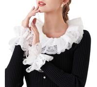 RUNRAYAY Blanco Conjunto de cuello y puños con jabot de encaje victoriano, cuello isabelino desmontable, accesorio para disfraz de fiesta de escenario, pirata, colonial y steampunk.