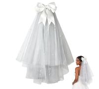 RUNRAYAY Bow White Short Wedding Veil Short Bridal Veil Pearl with Clip Bachelorette Party Veil Bridal Tulle Veil for Bride to Be