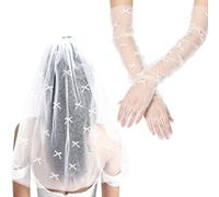 RUNRAYAY Bride to Be Veil and Gloves Set, White Hair Bow, Bachelorette Party Hairpiece, 3D Bow Tulle Bridal Shower Accessory, Bridesmaid Gift, Wedding Headband, Engagement