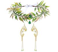 RUNRAYAY - Conjunto de orejas de elfo con corona de hadas verde, conjunto de cosplay de elfos de Halloween con corona de flores, orejeras con alas de elfo de hoja.