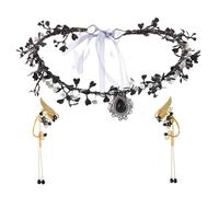 RUNRAYAY Conjunto de Tiara de Elfo Negra y Orejas de Elfo Doradas, Corona de Hadas con Hojas, Tocado de Cristal para Mujer, Orejas con Alas de Elfo, Coronas Élficas para Cosplay A