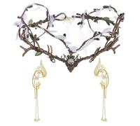 RUNRAYAY Corona verde y dorada para disfraz de hada, tocado, orejas de elfo, tiara de hojas de estrás para Halloween, cosplay medieval renacentista C