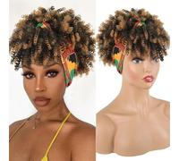 RUNRAYAY Drawstring Ponytail for Black Women with Headband Attached, Afro Puff Kinky Curly Hair Ponytail Extension with Bangs Updo Natural Hair Ponytail Wig for Women, C