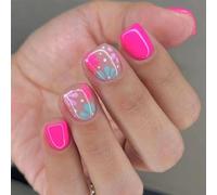 RUNRAYAY francés punzado de uñas cortos ataúd de uñas falsas de uñas falsas de verano patrón de uñas rosadas hermosas flores uñas de acrílico uñas blancas uñas de uñas pegajosas para las niñas 24