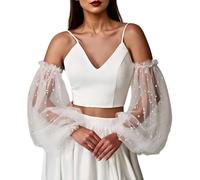 RUNRAYAY Guantes largos de tul blanco perla para mujer, mangas abullonadas de encaje transparente, sin dedos, ideales para bodas, fiestas y disfraces renacentistas.