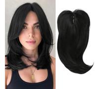 RUNRAYAY Hair Toppers for Women Human Hair, 20 Inch Toppers Hairpieces for Women with Side Bangs Upgraded Lace Base for Thinning Hair, 5#
