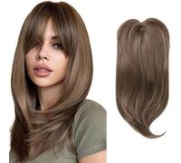 RUNRAYAY Human Hair Toppers for Women, 20 Inch Natural Human Hair Pieces with Side Bangs Hand-Tied Thin Lace Base Light Weight Clip in Remy Hairpieces, 4#