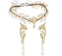 RUNRAYAY Orejeras y diadema de hada doradas, orejeras de elfo, corona de hada, disfraz renacentista, Halloween, accesorios Fairycore E