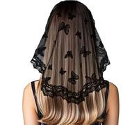 RUNRAYAY - Pañuelo para la cabeza católico negro, mantilla de encaje floral con mariposas, velo para capilla, velo para misa latina para mujeres y niñas, E