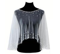 RUNRAYAY Pearl Shawl Wrap Tulle Shawl Sheer Wedding Cape for Bride, White Wedding Dress Cover Up for Women Bride Formal Event Ceremony Photo Shoot, D
