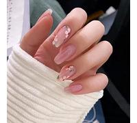 RUNRAYAY Pink French Press On Nails Long con Estampado de Flores, Uñas Postizas para Primavera Verano, Uñas Postizas Desnudas para Mujeres Y Niñas, Manicura de Uñas DIY