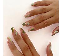 RUNRAYAY Prensa Verde Y Rosa En las Uñas Largas con Línea de Lámina Dorada, Uñas Postizas Francesas con Diseño de Ondas, Uñas Postizas Desnudas para Mujeres Y Niñas, Manicura de Uñas DIY