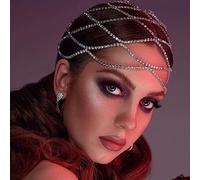 RUNRAYAY Rhinestone Malla Casquete, Plata Rugiente 1920S Danza del Vientre de Cristal Flapper Cabeza Cadena Fiesta de Novia Accesorios para el Cabello para Mujeres Fiesta de Disfraces