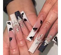 RUNRAYAY Unghie finte con stampa francese per labbra, stampa francese su unghie finte extra lunghe con corona di strass, punte per unghie in acrilico a copertura totale con bara bianco nero per donne