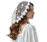 RUNRAYAY - Velo de encaje blanco redondeado, estampado, velos de catedral, iglesia, misa, mantilla, oración cristiana, pañuelo para la cabeza, A