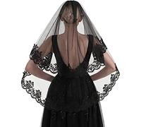 RUNRAYAY Velo de Encaje Negro, Velos de Halloween Velo Funerario Vintage Velo de Boda de Halloween de 2 niveles con Peine para Disfraces Cosplay Día de los Muertos