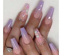 RUNRAYAY Viola French Press su Unghie Finte, Unghie Finte Extra Lunghe con Paillettes Farfalla Strass Glitter, Punte per Unghie Acriliche a Copertura Completa con Bara Nuda per Donne e Ragazze