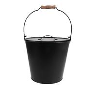 RUNROTOO Cubo para cenizas con tapa - Recipiente metálico para almacenar carbón con asa de madera para chimenea, brasero o estufa de leña - Ignífugo para una fácil recogida de cenizas y un uso