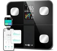 Runstar Báscula de Baño Inteligente más de 15 medidas corporales, 180kg | Balanza de grasa corporal con 4 electrodos, APP Fitness, IMC y análisis muscular, 24 usuarios