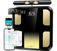 Báscula de baño RunStar para peso y grasa corporal, con 8 electrodos para IMC y masa muscular, monitor corporal de alta precisión con 28 mediciones, app y pantalla de 3 indicadores.