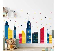 Runtoo Calcomanías de pared coloridas del horizonte de la ciudad, siluetas, estrellas, calcomanías de pared para dormitorio, guardería, sala de estar, decoración de niños