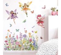 Runtoo Calcomanías de pared florales de hadas, flores silvestres, mariposas, elfos, calcomanías de pared para habitación de niñas, habitación de niños, decoración de pared