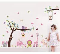 Runtoo Calcomanías de pared rosadas para vivero, animales de la selva, árbol, pegatinas de pared para niños, niñas, dormitorio, decoración