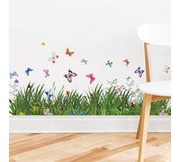 Runtoo Pegatinas de Pared Hierba Verde Flores Vinilos Decorativos Planta Mariposas Rodapié Adhesivos Pared Habitación Infantiles Dormitorio Salón