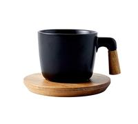 RUNZE765Z Taza De Café Mate de té cerámicos Taza Tazas con madera platillo y la manija exquisita taza de café expreso y platillo Set, 9,5 oz Tazas Desayuno(Negro)