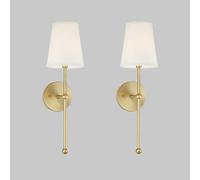 Rural Classic Wall Lamp Vintage Fabric Shade Wall Sconce with Nickel/Brass Linear Column Stand, Farmhouse White Flared Textile Bathroom Lighting Fixture Vintage Bedside Reading WA