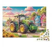 Rural Tractor Scene 1000 Pc Sturdy Cardboard Puzzle Colorful Village Art Style for Family Office Break Screen Free Entertainment 70x50cm/1000pcs