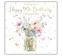 rush designs Tarjeta de 90 cumpleaños para ella, diseño de lujo con bonito tarro floral y mariposas, acabado de aluminio con adornos de gemas, tarjeta de feliz cumpleaños para mujer de 90 años