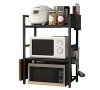 Ruspela Estante ajustable para microondas de 3 niveles, estante de cocina extensible con 4 ganchos, soporte para tabla de cortar y soporte para utensilios, para microondas, horno, freidora de aire