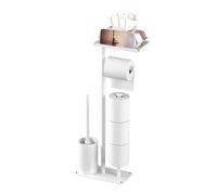 Ruspela Soporte para papel higiénico con almacenamiento, escobilla de inodoro independiente con estante, soporte de papel de acero al carbono para baño, blanco, con base estable
