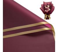 RUSPEPA 20 hojas de papel para envolver flores - 57 x 57 cm, borde dorado, impermeable, para ramos de flores - Suministros de floristería para cumpleaños, bodas y manualidades - Rojo vino