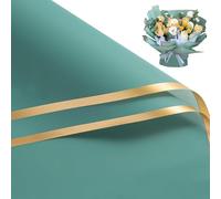 RUSPEPA 20 hojas de papel para envolver flores - 57 x 57 cm, borde dorado, impermeable, para ramos de flores - Suministros de floristería para cumpleaños, bodas y manualidades - Verde