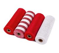 RUSPEPA Deco Poly Mesh Ribbon - 25.4 cm X 9.14 m Cada Rollo - Rollos De Papel Metálico Rojo Y Blanco Para Coronas, Botines Y Decoración - Paquete De 4