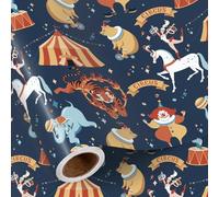 RUSPEPA Papel de Envolver en Rollo con Temática de Circo - Rollo Pequeño con Diseño de Carpas Vintage Azul Marino, Payasos, Elefantes y Tigres, 43,2cm x 5m