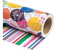 RUSPEPA Papel de regalo reversible para cumpleaños - Mini rollo - 43,2 cm x 10 m - Diseño de globos coloridos con confeti para cumpleaños, fiestas y baby shower