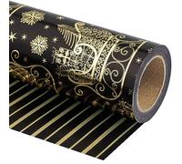 RUSPEPA Papel de reversible - Mini rollo - 43,2 cm x 10 m - Trineo navideño negro y dorado y diseño de rayas con lámina metálica brillante para Navidad, vacaciones, celebración