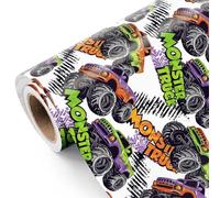 RUSPEPA Rollo de Papel de Regalo de Camiones Monstruo - 43,2 cm x 3 m - Papel de Regalo de Camiones Monstruo y Coches de Carrera, Ideal para Cumpleaños de Niños y Niñas Pequeños, Fiestas de Carreras