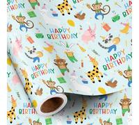RUSPEPA Rollo De Papel De Regalo De Cumpleaños, Con Temática De Animales De La Selva, Jirafa, Mono, Conejo Y Texto "Feliz Cumpleaños", Ideal Para Fiestas Infantiles, 43,2 Cm X 5 M